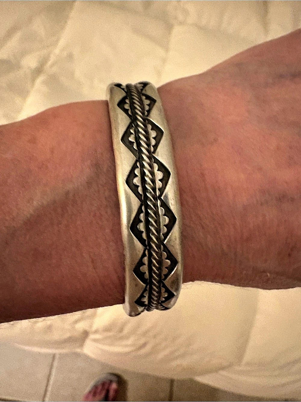1991 Vintage Navajo cuff by Emerson Solid Sterling Silver Engraved Cuff Bra